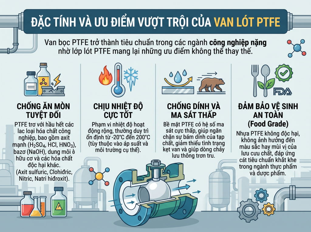 Đặc tính và Ưu điểm vượt trội của Van lót PTFE