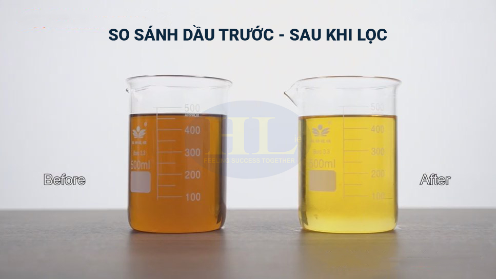 (Sự khác biệt rõ rệt về độ trong và màu sắc của dầu sau khi được xử lý bởi HLie)