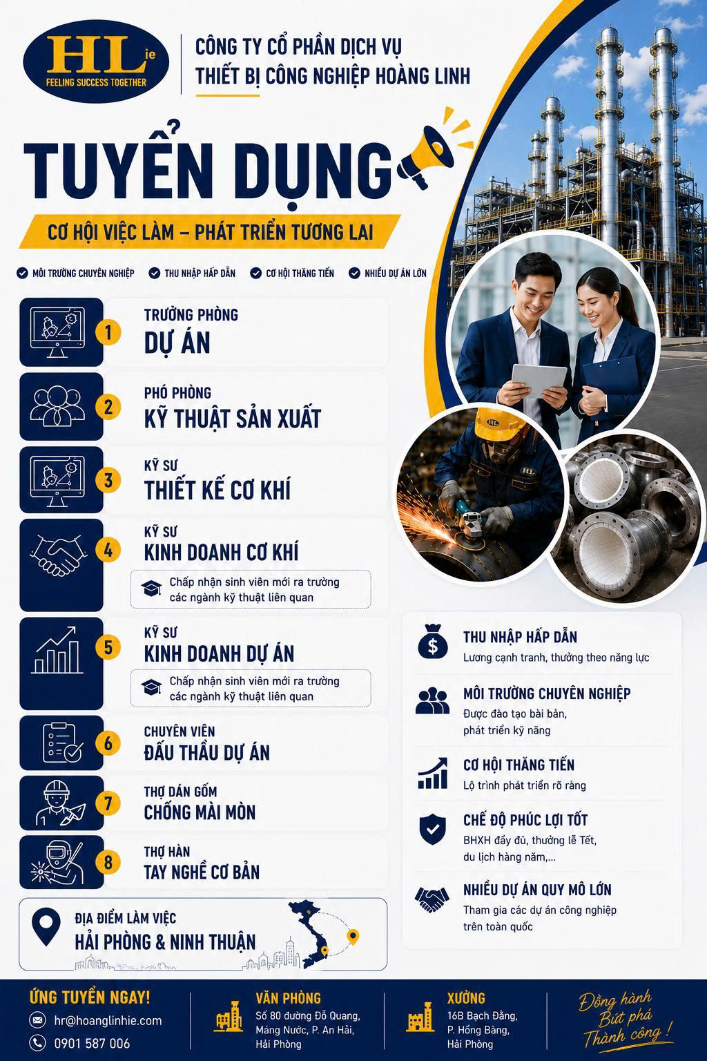 HoangLinhie TUYỂN DỤNG ĐA VỊ TRÍ: QUẢN LÝ, Kỹ SƯ VÀ THỢ KỸ THUẬT (LÀM VIỆC TẠI HẢI PHÒNG & NINH THUẬN)