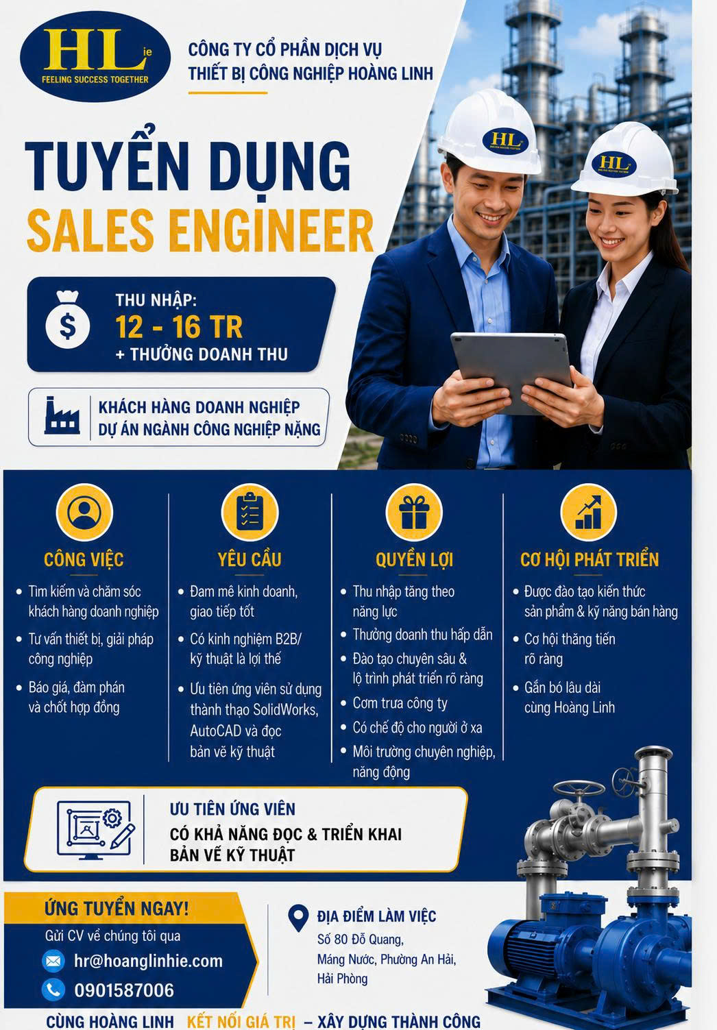 [HẢI PHÒNG] TUYỂN DỤNG KỸ SƯ BÁN HÀNG (SALES ENGINEER) – THU NHẬP 12 - 16 TRIỆU + THƯỞNG